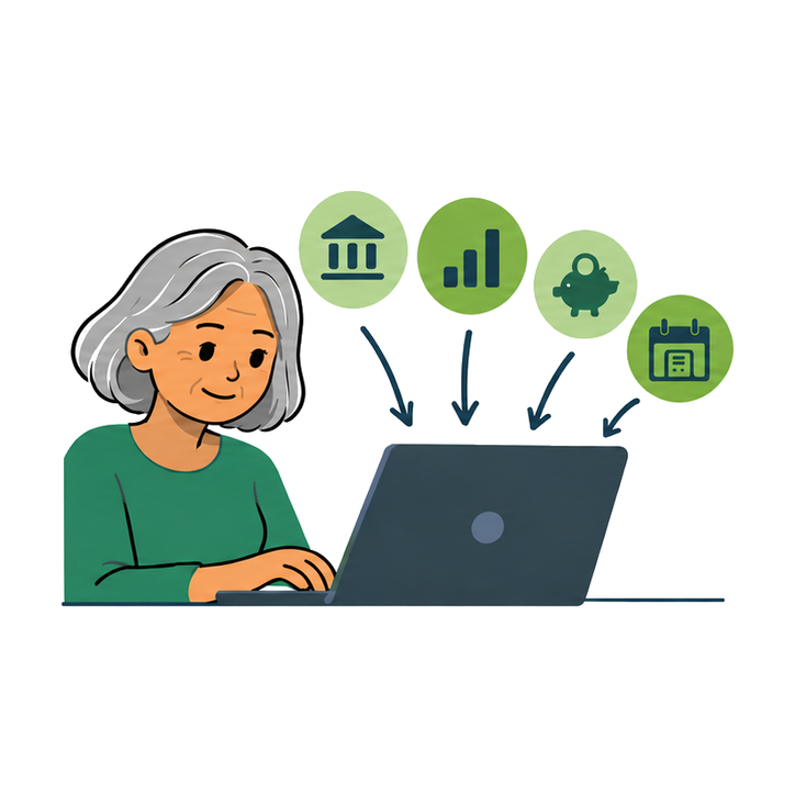 Die Person gibt Finanzdaten am Laptop ein.